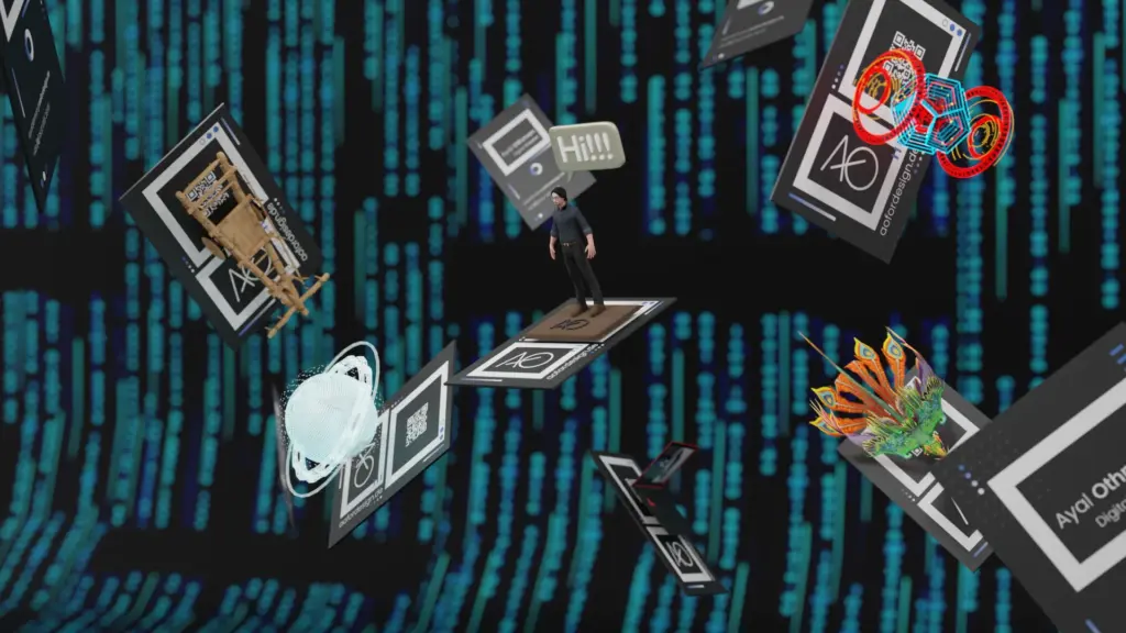 Augmented reality business card demonstrating interactive digital content layered over a physical card.