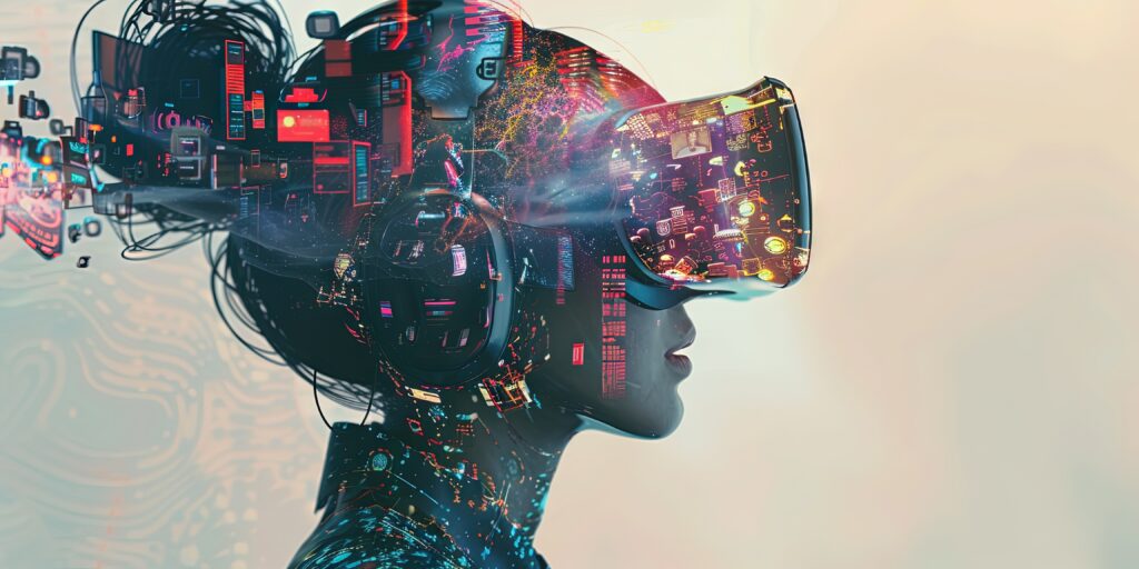 Futuristic XR concept showing a person wearing a virtual reality headset surrounded by digital data and interfaces.